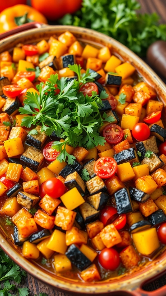 A vibrant African vegetable casserole with eggplant, bell peppers, and tomatoes, garnished with parsley, on a rustic wooden table.